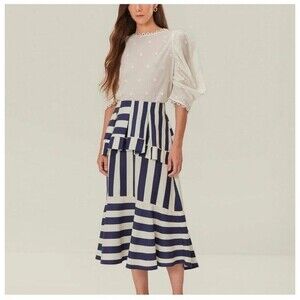 NWT Farm Rio Mixed Stripes Midi Blue White Anthropologie Womens Size Small